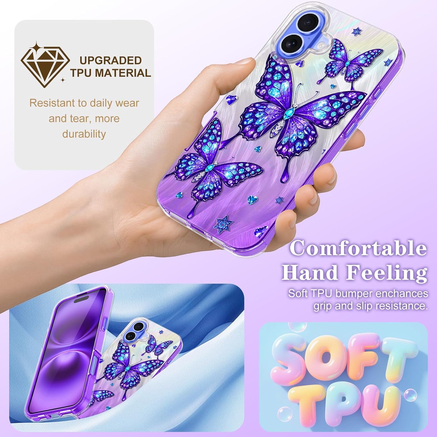 Rancase for iPhone 16 Plus Case with Screen Protector, Clear Butterfly Design, Removable Frosted Glitter Card, Hard PC&TPU Bumper Shockproof Protective Full Body Rugged Phone Cover Women, Purple - Image 5