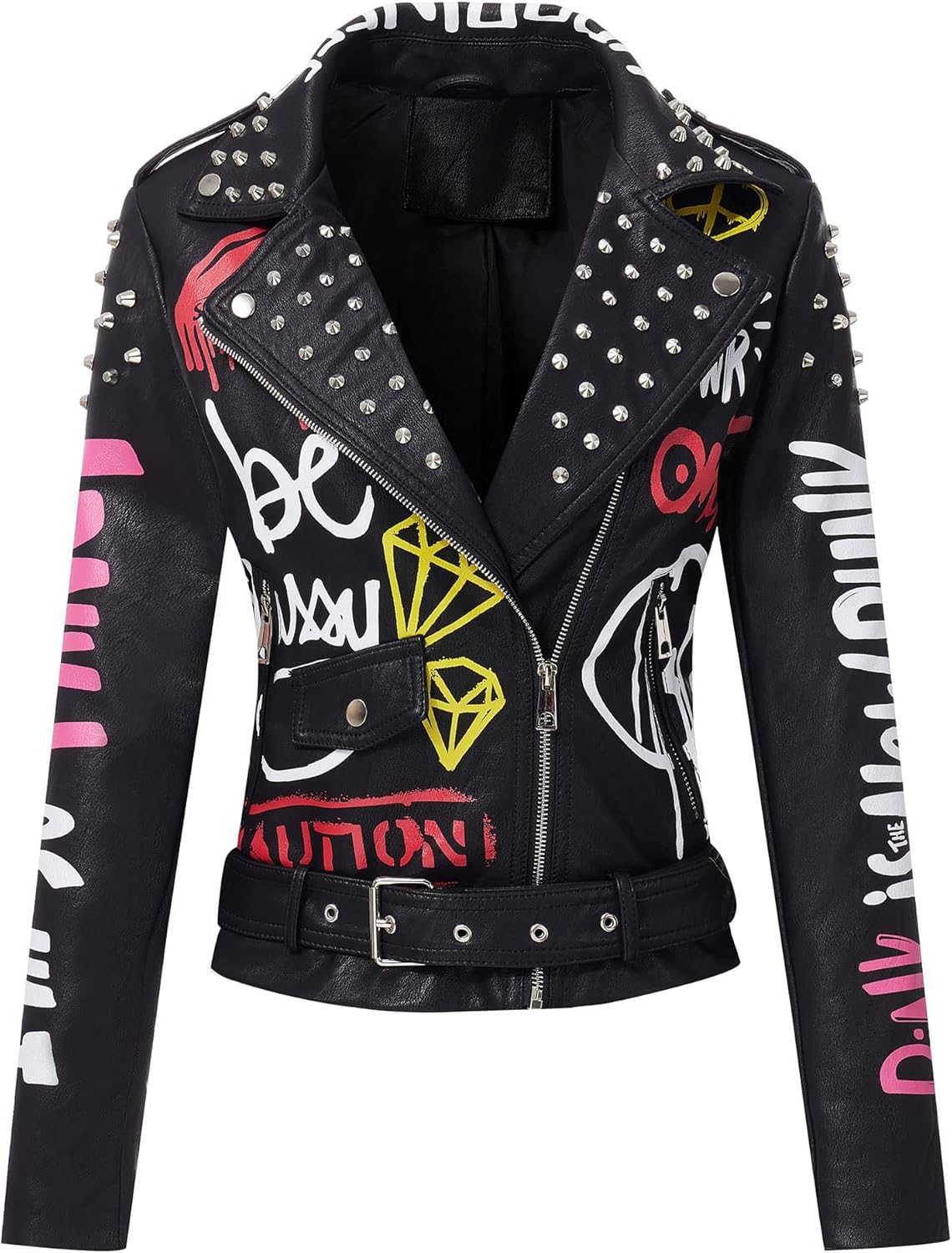 RISISSIDA Women Faux Leather Jacket Studded Rivet Spring Fall Fashion, Hip-Length Moto Biker Trendy Clothes Streetwear Belted