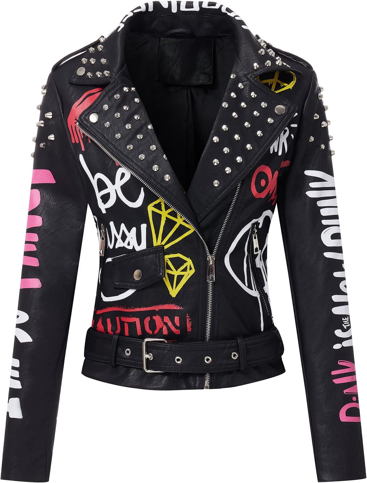 RISISSIDA Women Faux Leather Jacket Studded Rivet Spring Fall Fashion, Hip-Length Moto Biker Trendy Clothes Streetwear Belted