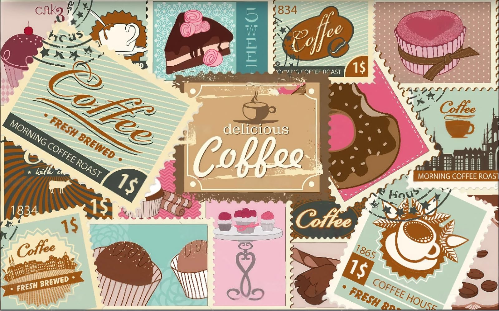 Carta Da Parati Moda Dipinta A Mano Timbro Caffè Etichetta Dessert Panetteria Tè Pomeridiano Ristorante Occidentale Sfondo Muro Carta Da Parati Caffetteria Murale,3D,250x175 Cm