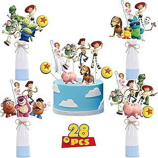 28Pcs Toy Inspired Story Birthday Party Supplies,Toy Inspired Story Party Centerpieces Decorations Stick Table Toppers, Toy Inspired Story Party Favors,Toy Inspired Story Theme Party Cake Vase Decor