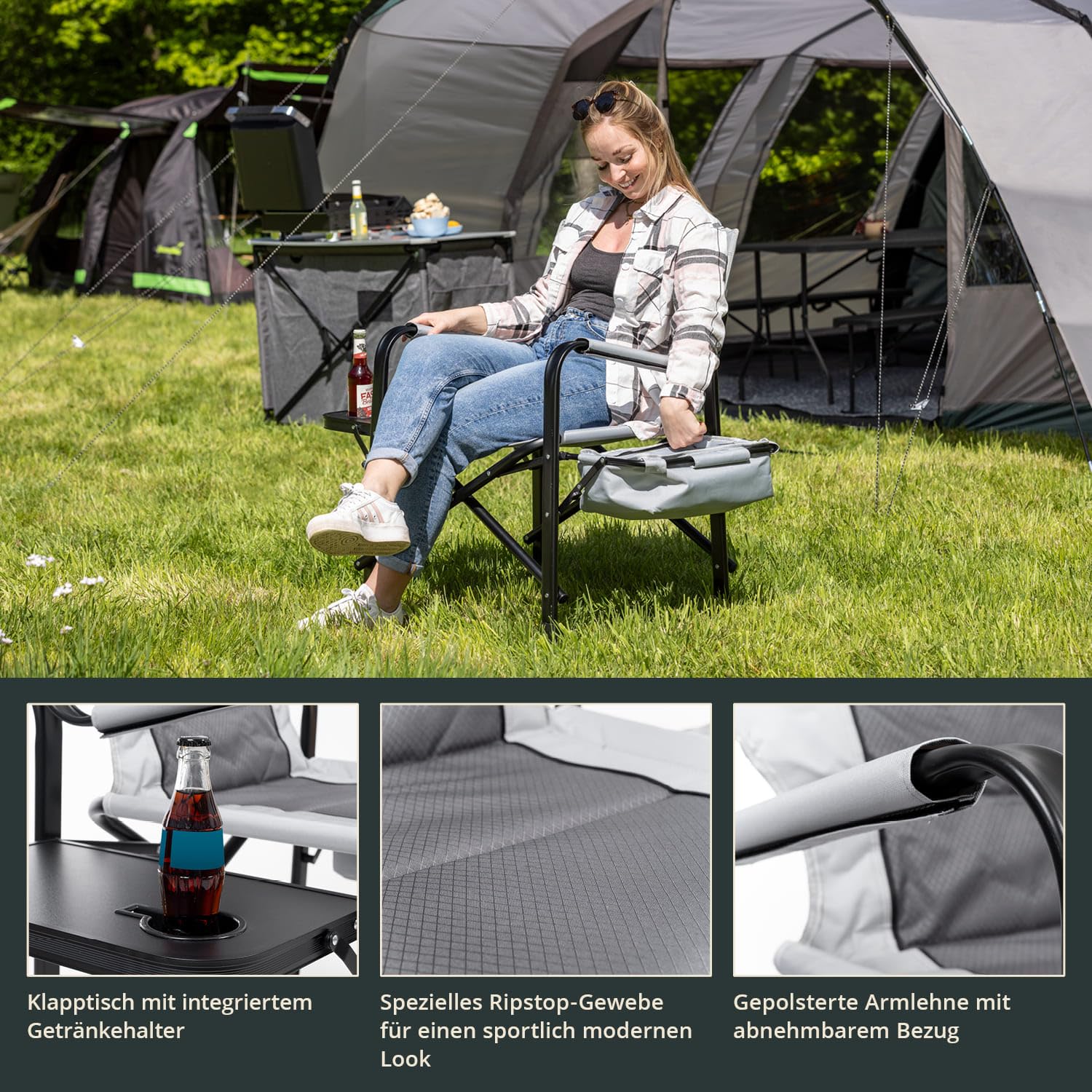 Skandika Campingstuhl Tepsa | Bequemer Klappstuhl mit Tisch und Kühlfach, bis max. 150 kg, klappbar, Getränkehalter | Faltstuhl für Camping, Zelten, Festival, Angeln, Strand