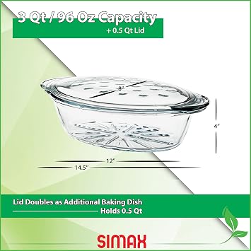 Simax Glass Baking Dish with Lid - Large Oval Shaped Casserole - 3 Qt with Ridges