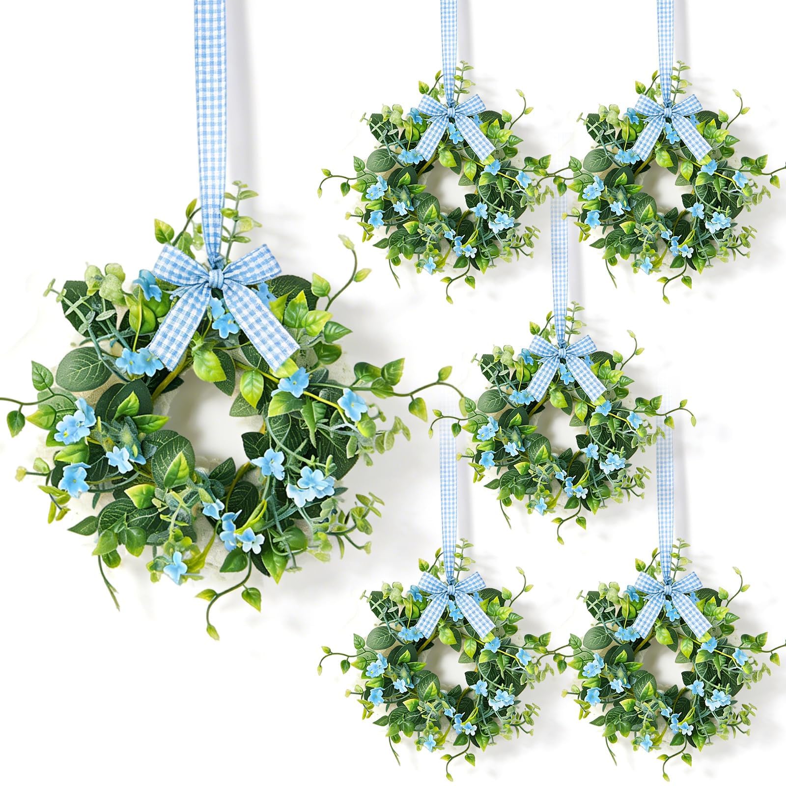 Photo 1 of ?6 Pcs Small Spring Summer Hanging Wreaths for Cabinets with Artificial Green Leaves and Trailing Vines Mini Candle Ring Wreath with Blue Flowers for Home Kitchen Front Door Window Porch Wall Wedding