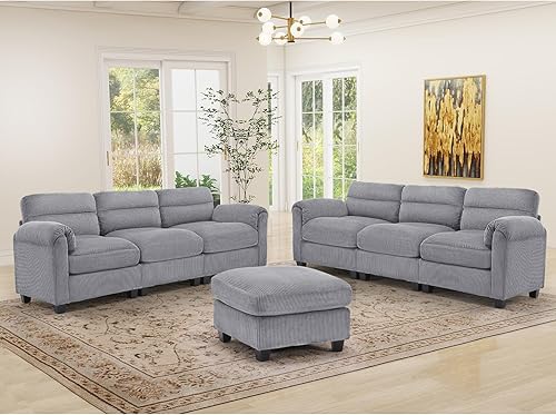 Miniatura 26 de Juego de sofá de pana, otomana tapizada, sofá de dos plazas y sofá de 3 plazas con cojines mullidos y brazos redondeados, juegos de muebles modernos