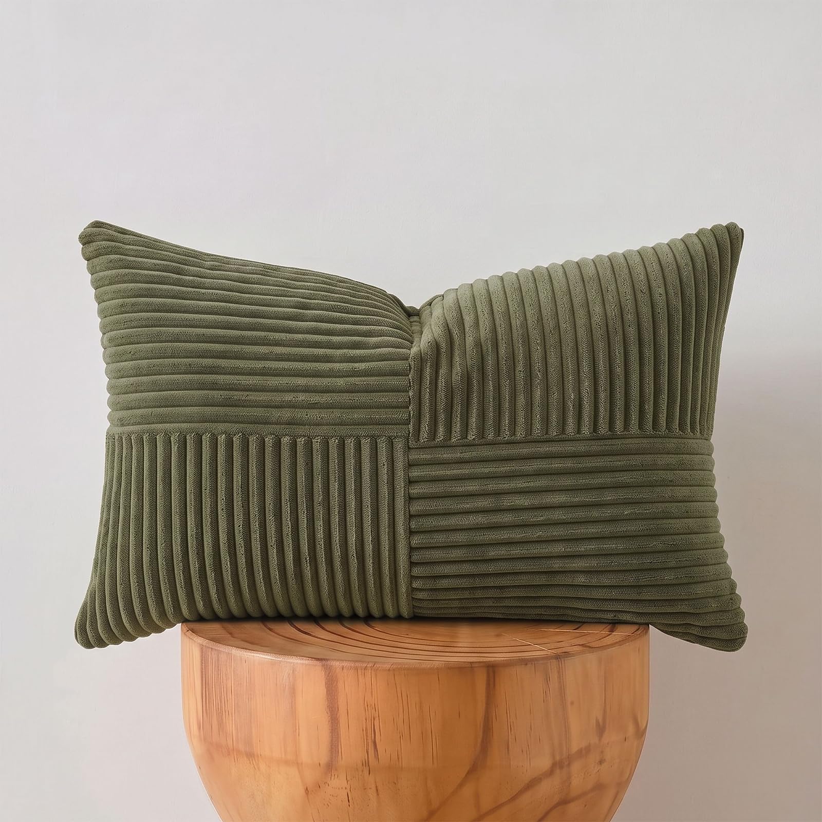 FDTERN Olive Green Lumbar Decorative Throw Pillow Covers 26x16 Inch for Living Room Couch Bed, Farmhouse Boho Home Decor, Soft Striped Corduroy Rectangle Accent Cushion Covers 40x65 cm — image 1