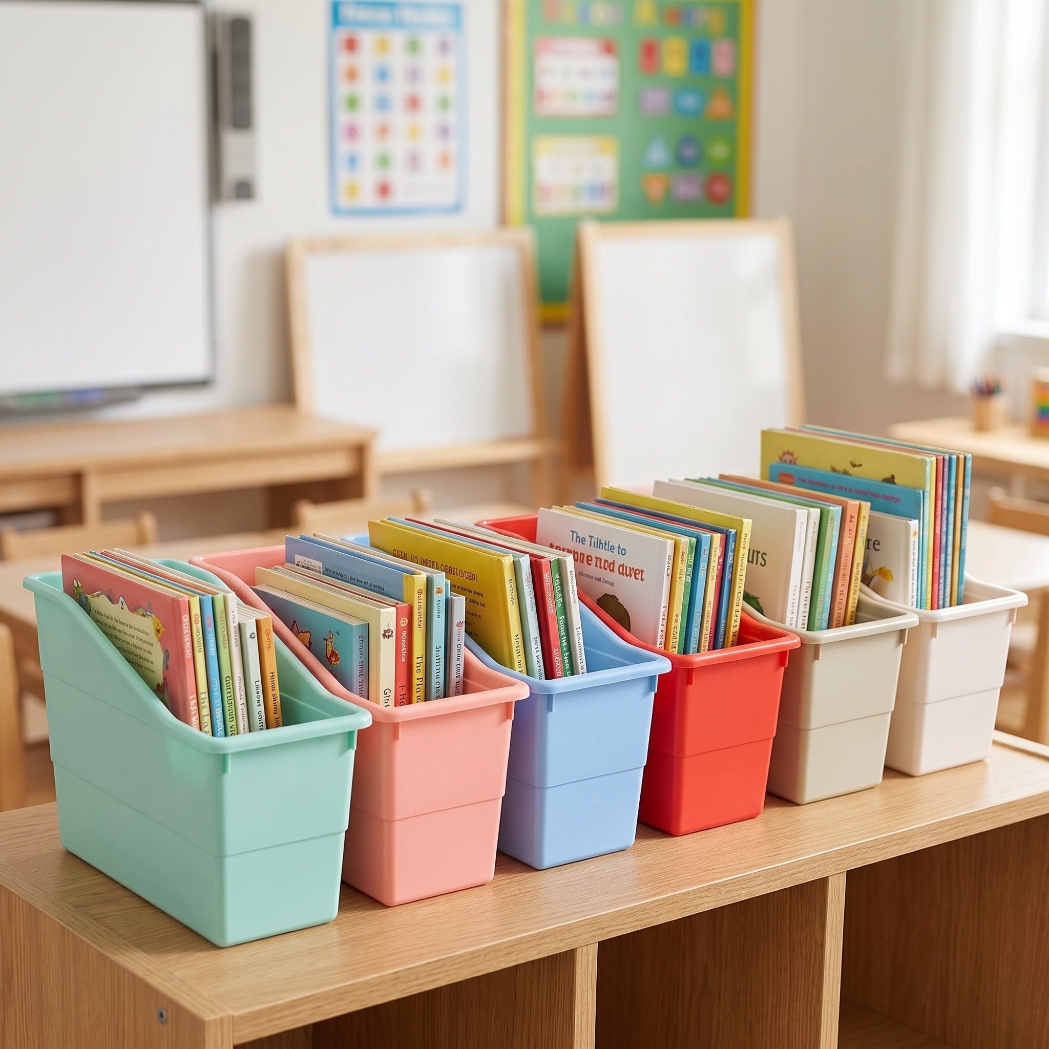 SOLUSTRE 6 pojemników do przechowywania książek w klasie - plastikowe pudełka do układania w stosy na zeszyty i papiery - kolorowe artykuły do ​​rękodzieła, książki, artykuły plastyczne, przekąski,