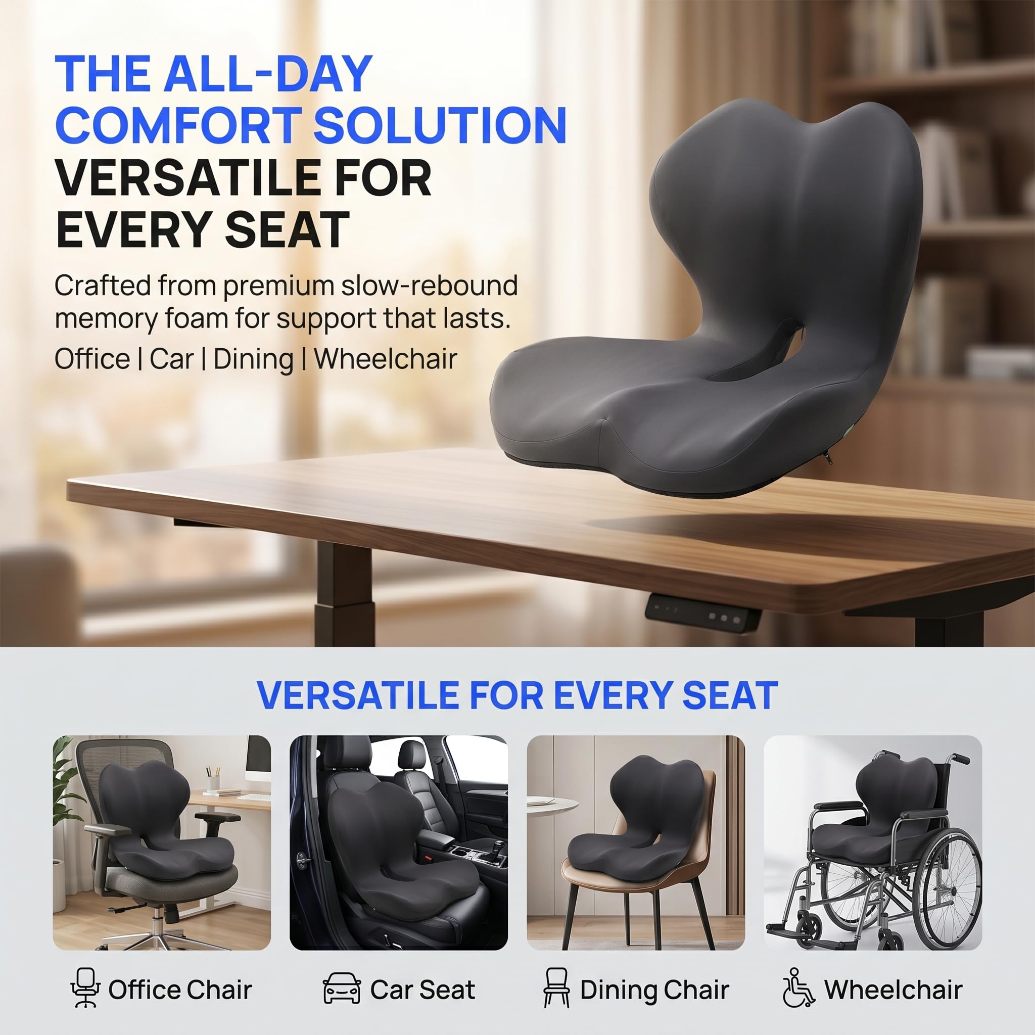 Esenlong Cuscino per schienale e seduta, cuscino integrato a forma di L, supporto lombare in memoria, design integrato per sedia da auto e ufficio, design ergonomico di protezione del coccige (grigio