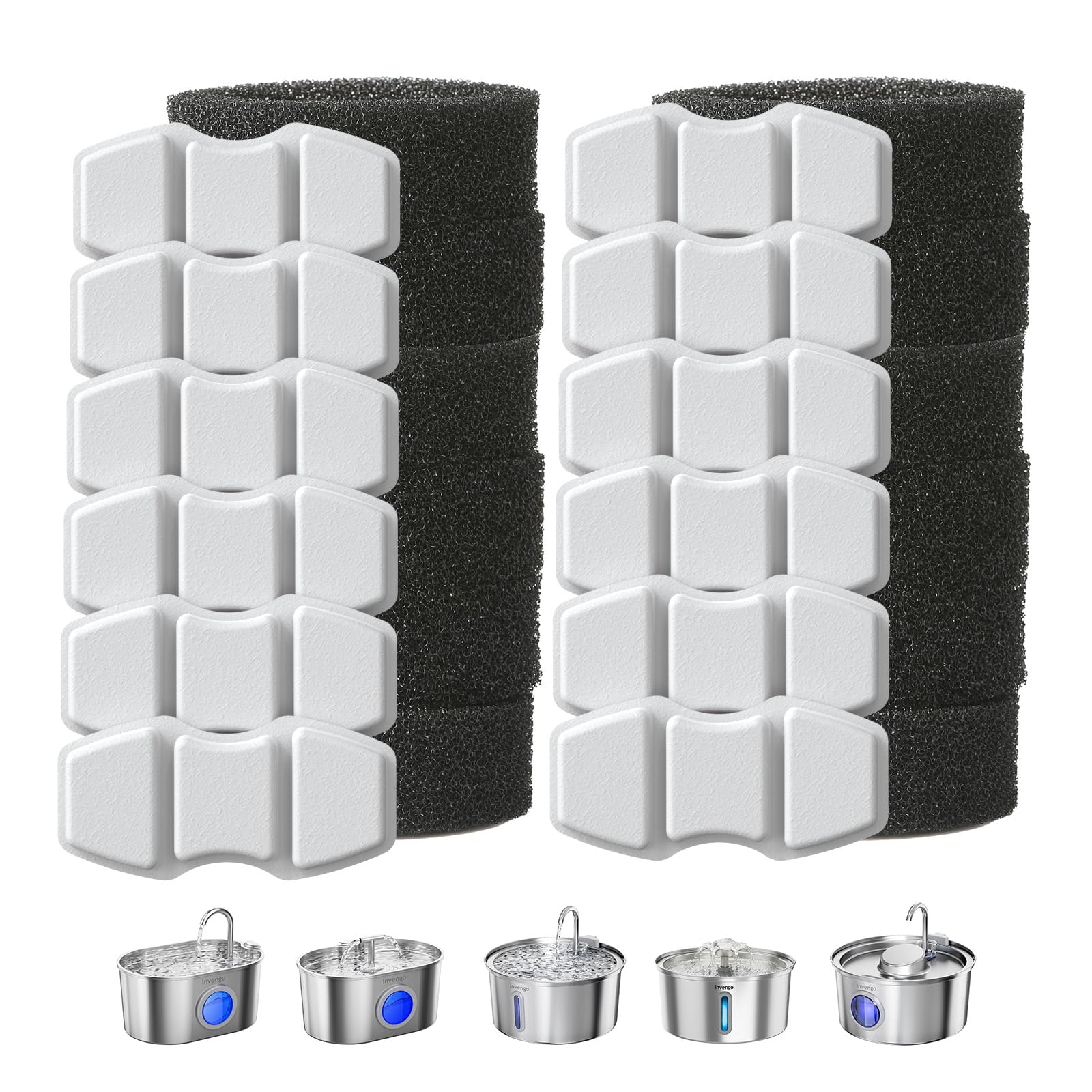Invengo 24-Pack Cat Water Fountain Filters, 12 Filters + 12 Sponges, 5-Layer Filtration for Better Taste, Replacement for Cat Water Dispenser