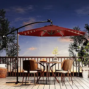 10FT Solar Lights Cantilever Umbrella outdoor patio, Offset Patio Umbrella with Easy Lift & Tilt Adjustment, UV Protection Fade Resistant for Deck, Pool, Garden, Burgundy
