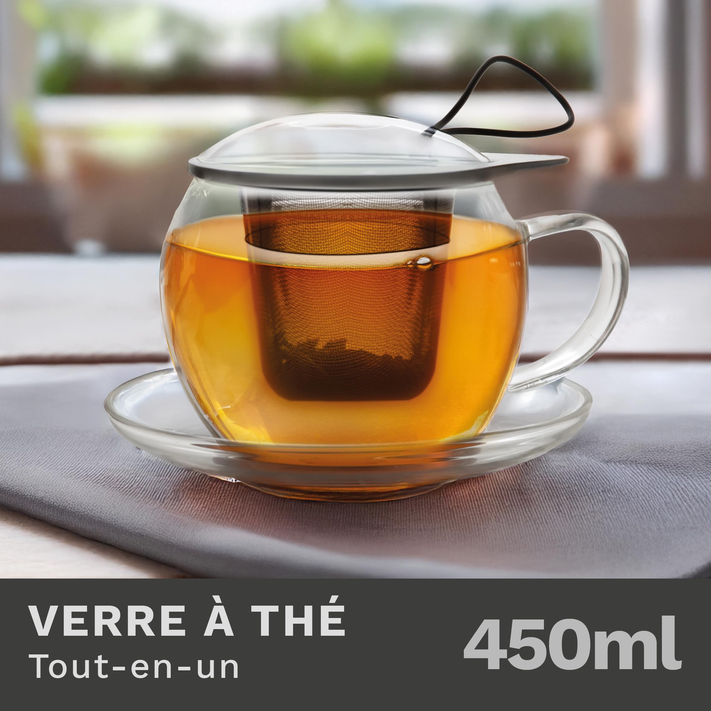 Creano Set de 2 Verres Jumbo XXL 450ml avec Filtre en Acier Inoxydable et Couvercle – Tasses à Thé en Verre Borosilicate Soufflé à la Bouche – Cadeau Couple