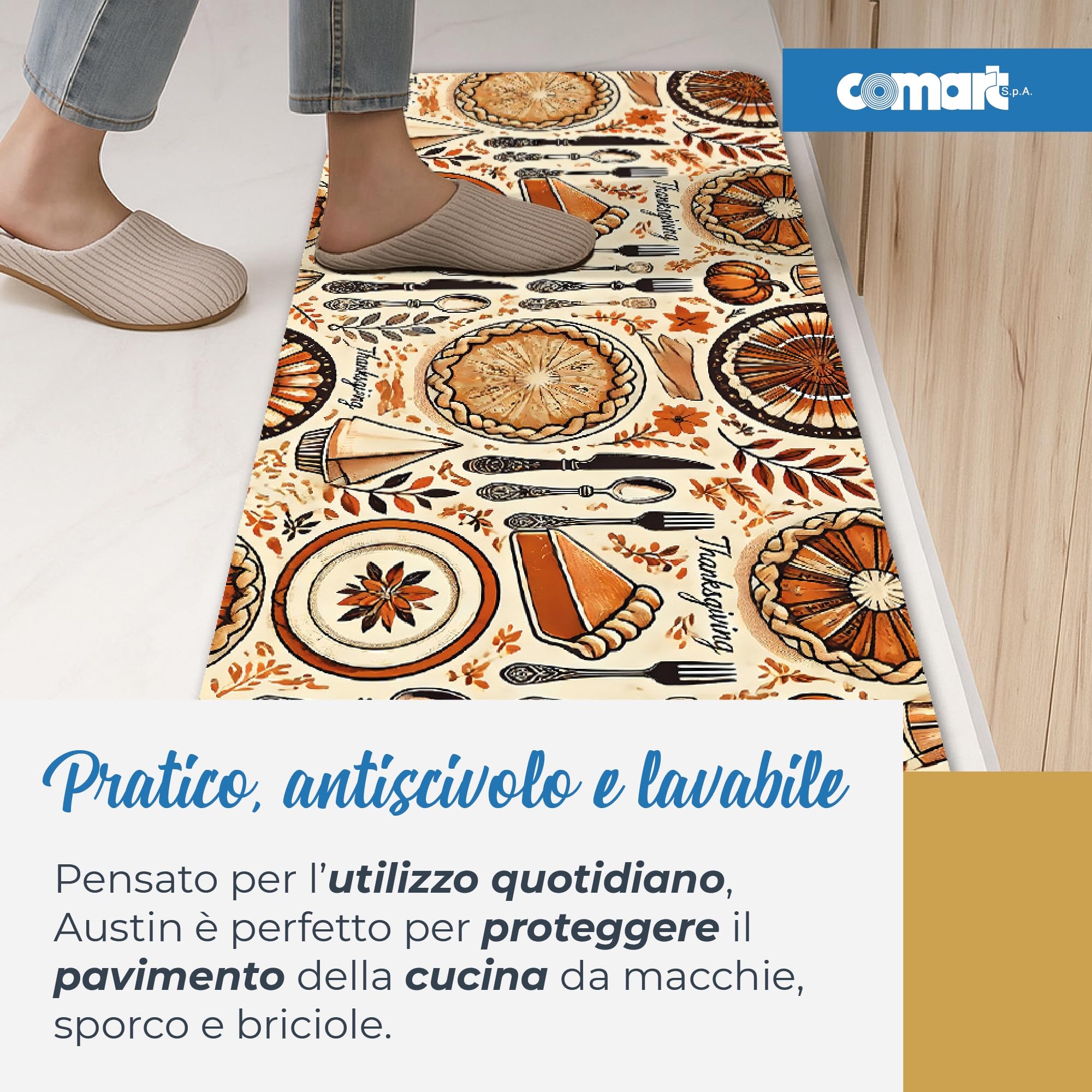 Comart - Tapis Cuisine Austin - Imperméable - 50x170 - Thanksgiving