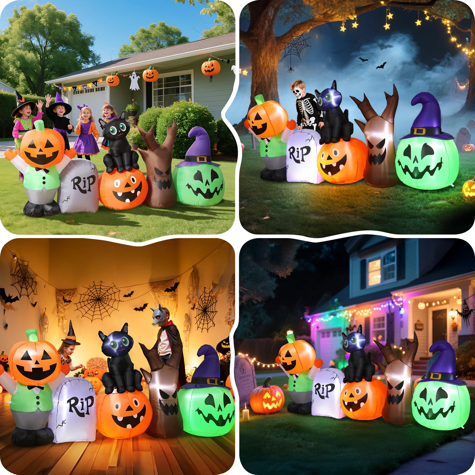 250CM Lange Halloween Aufblasbare Dekoration mit Integrierten LED, Schwarz Katze Grabstein Kürbis Deko Aufblasbare Gartendekoration Halloween Decoration für Outdoor Rasen Garten Veranda Party