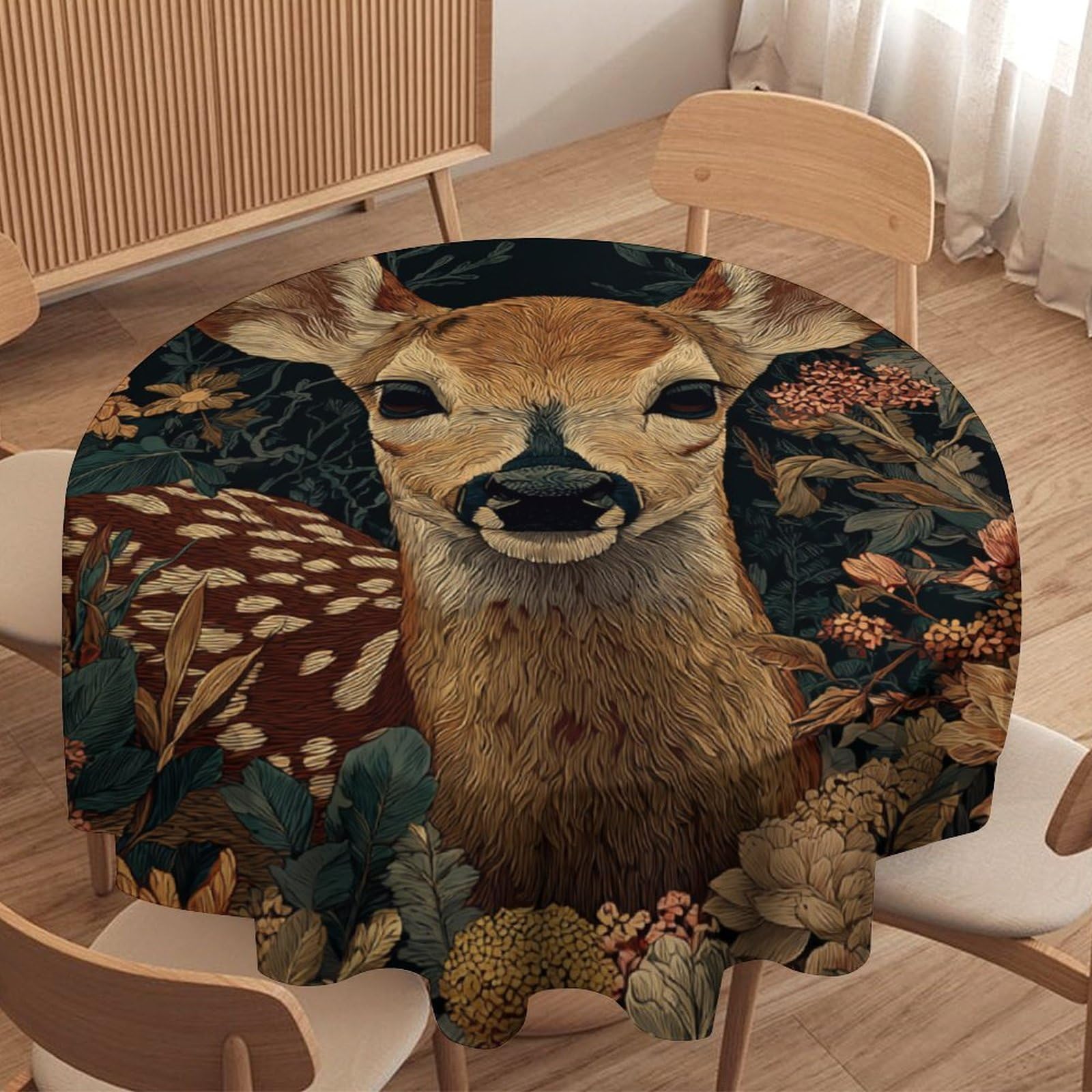LUYYSKY Retro Watercolor Cute Deer Waterproof Round Tablecloth Vintage Classic William Morris Botanical Floral Animal Elk Washable Table Cover for Kitchen-177.8" Wx177.8 L cm