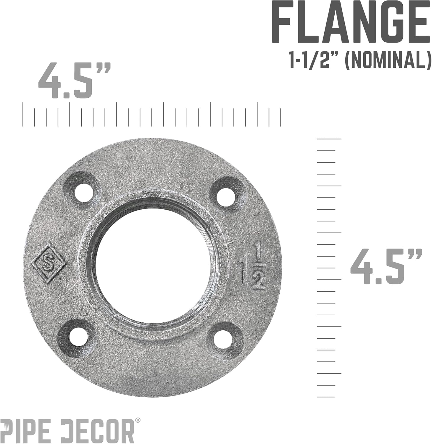 PIPE DECOR 1-1/2" Malleable Iron Floor Flange 4 Pack, Industrial Steel Grey Fits Standard 1.5 Inch Threaded Black Pipes and Fittings, Vintage DIY Table, Four Real Heavy Duty Plumbing Flanges