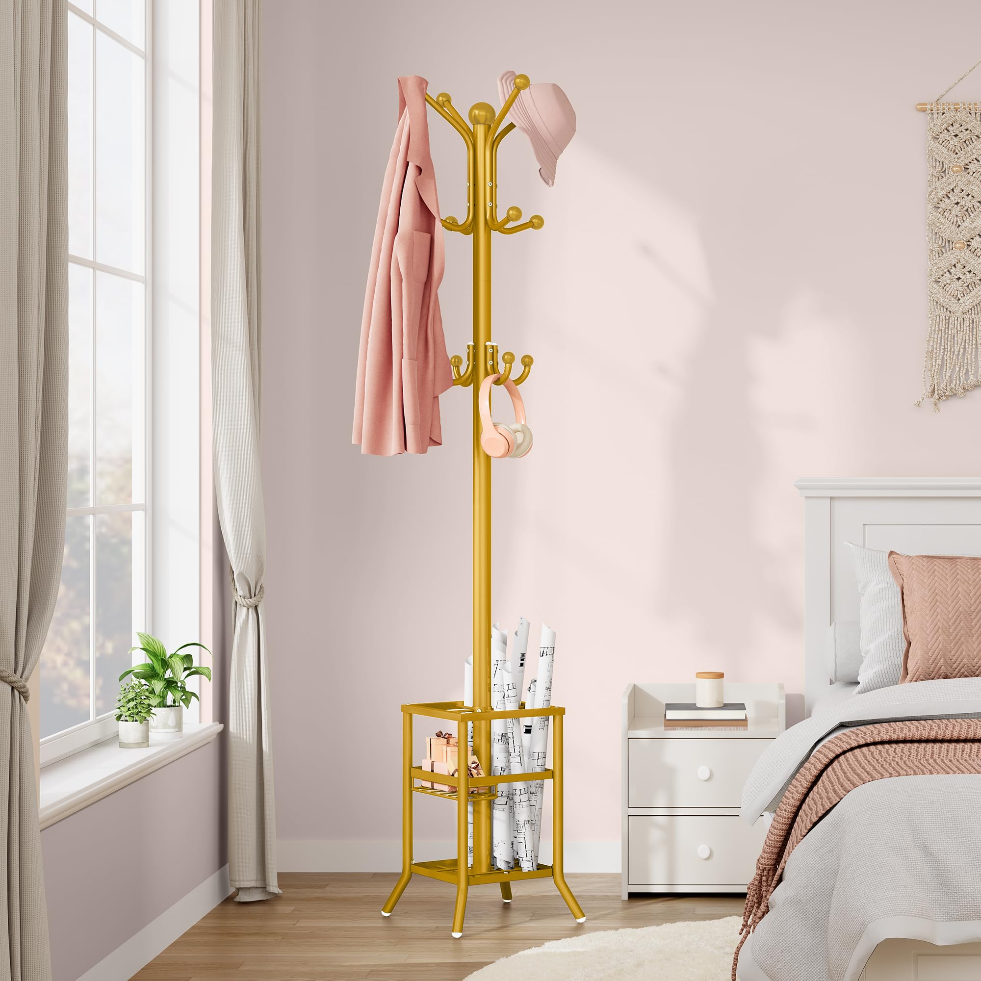 FAVOOSTY Appendiabiti con Portaombrelli, Appendiabiti con 12 Ganci, Supporto per Giacche, in Piedi, per Soggiorno, Camera da Letto (Oro)