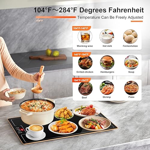 Miniatura 4 de Bandeja eléctrica de calentamiento de calor, calentador de superficie completa de 23.7 x 15.8 pulgadas con termostato, pantalla digital, soporte de