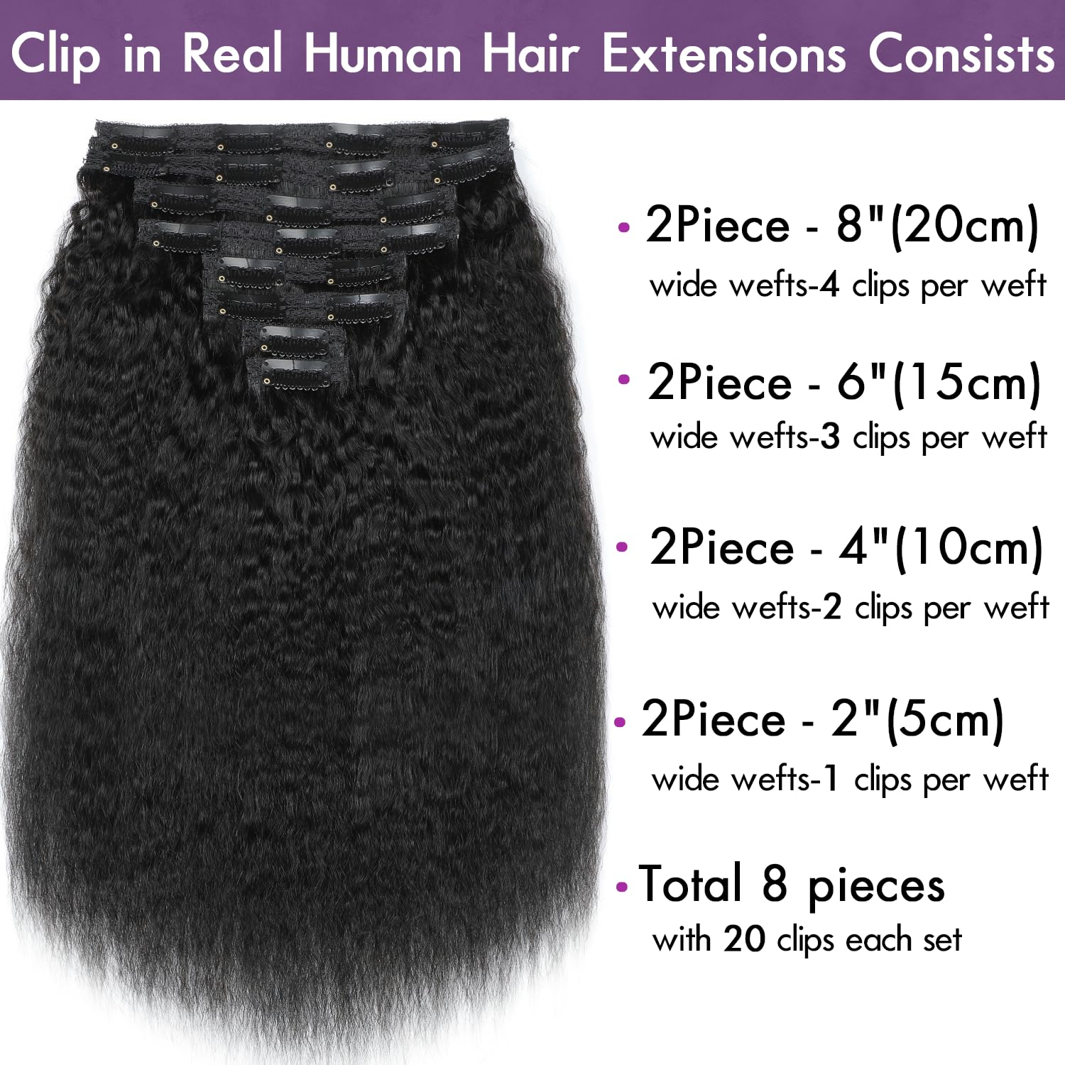 YDDM Kinky Straight Extensiones de Clip de Pelo Natural 22 Inch 120g 8Piezas 20 Clips Extensiones de Clip Natural Remy Cabello Humano Extensiones
