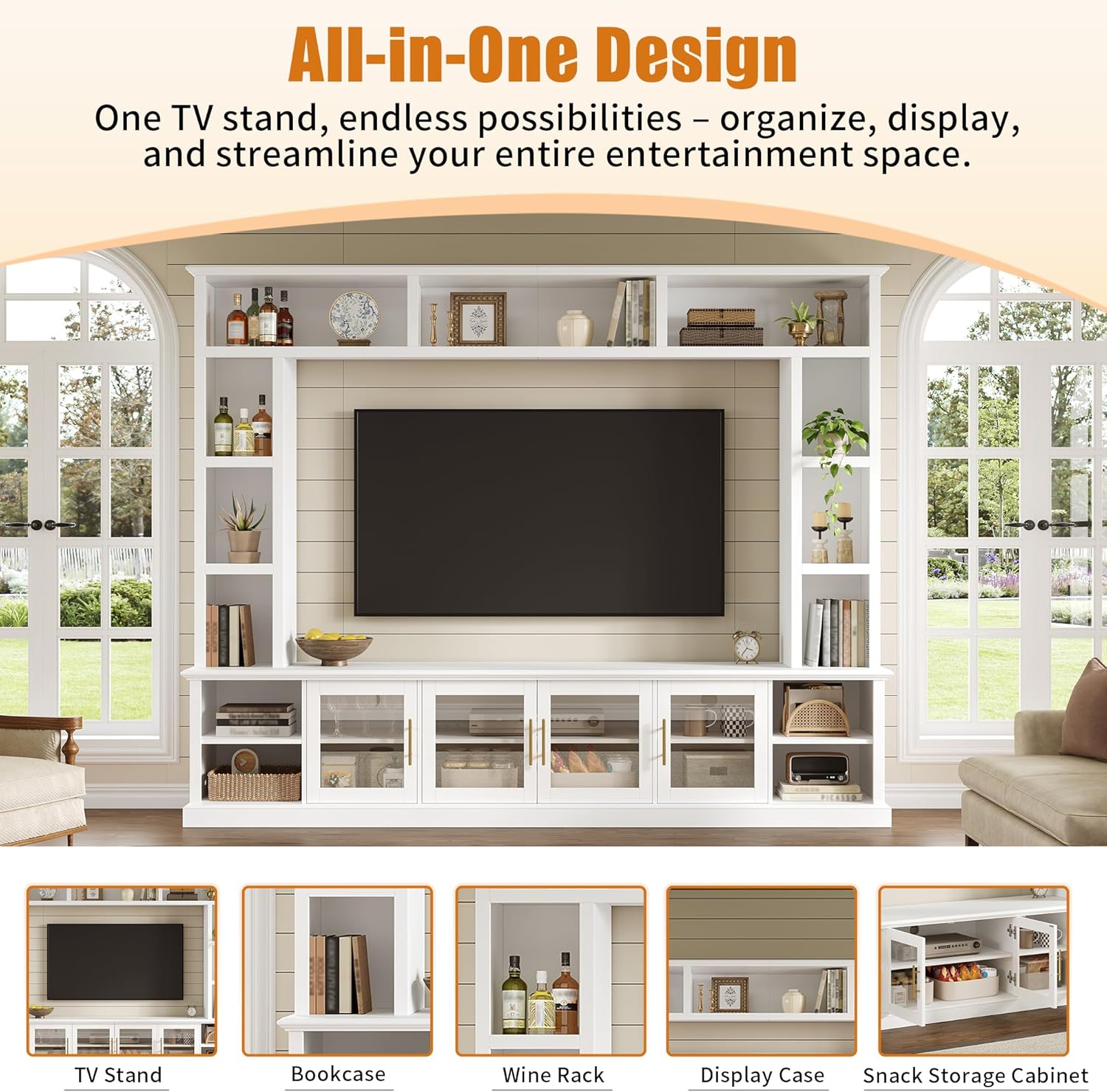 4-Piece Entertainment Center Wall Unit for TVs up to 80", Modern TV Stand with Bookshelves & Glass Doors, Large Media Console Table with Display Cabinet for Living Room, White