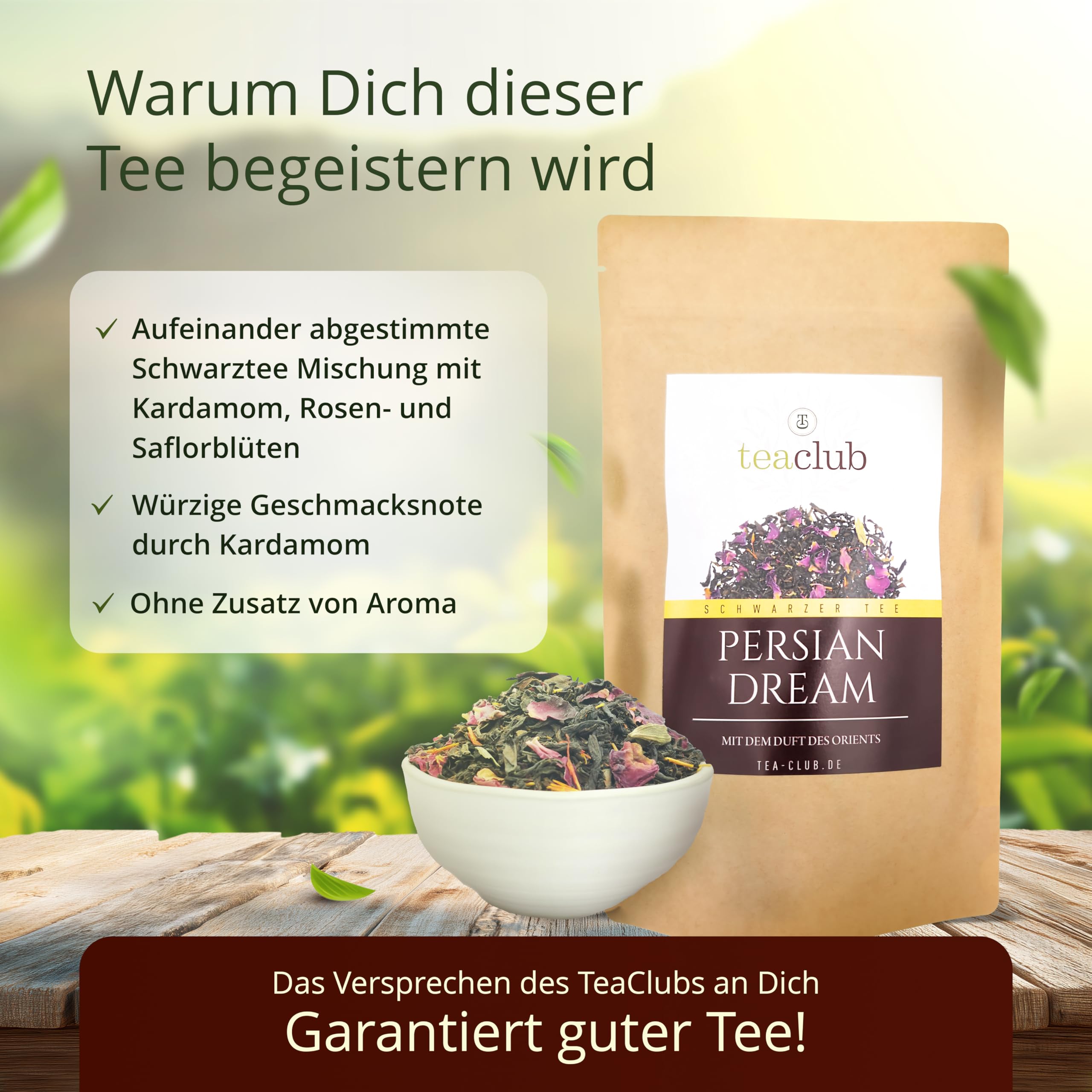 Persian Dream Té Negro Suelto 100g, mezcla de té negro persa con cardamomo pétalos de rosa flores de cártamo, TeaClub Té Negro