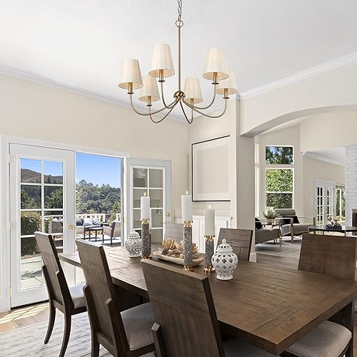 Miniatura 3 de Durent Lighting Candelabro de latón con 6 pantallas de tela, lámpara tradicional de comedor y sala de estar con marco de metal pulido, accesorio de