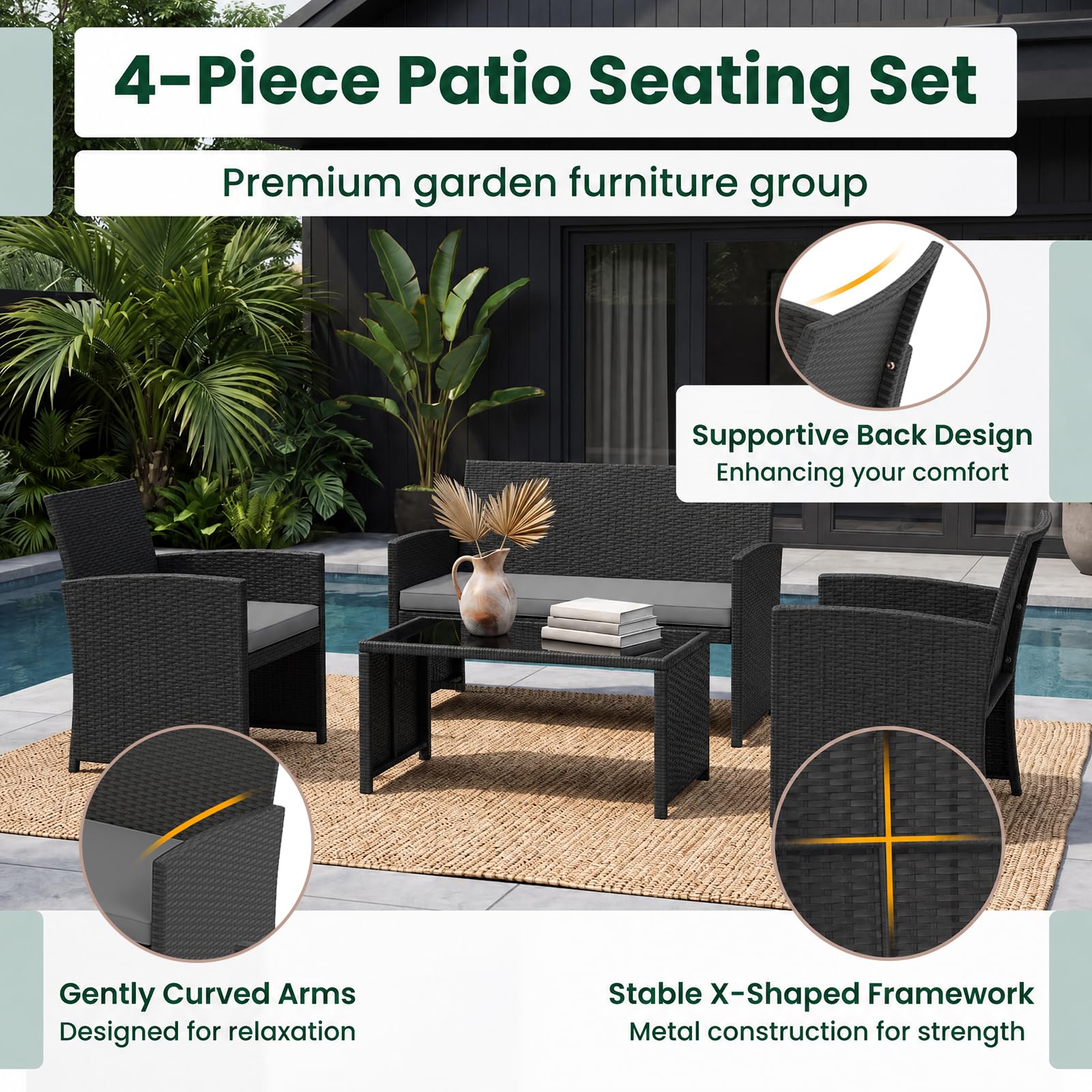 GIANTEX Conjunto de Muebles Ratán para Jardín, 4 Piezas, Sofá de 2 Plazas, 2 Sillones, Mesa de Centro con Tablero de Vidrio, para 4 Personas, Mesa y Sillas para Terraza, Patio (Negro+Gris)