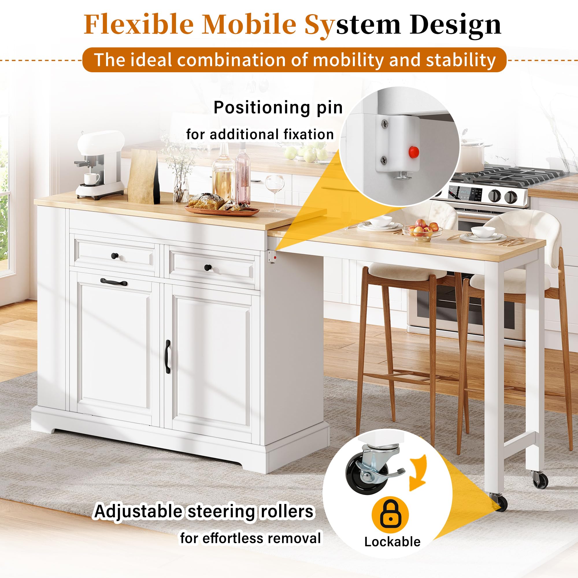 Isola da cucina su ruote, sala da pranzo estensibile con scomparto pattumiera e cassetti, isola mobile da cucina autoportante, ideale per cucina e sala da pranzo, bianco + naturale