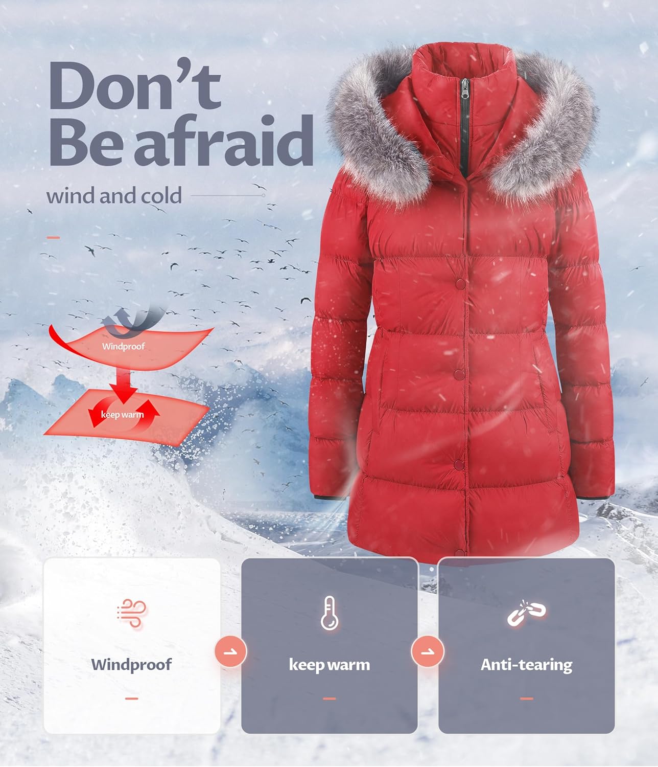 CREATMO US Women's Winter Snow Jacket Long Fur Puffer Coat With Removable Faux Fur Trim - Image 5