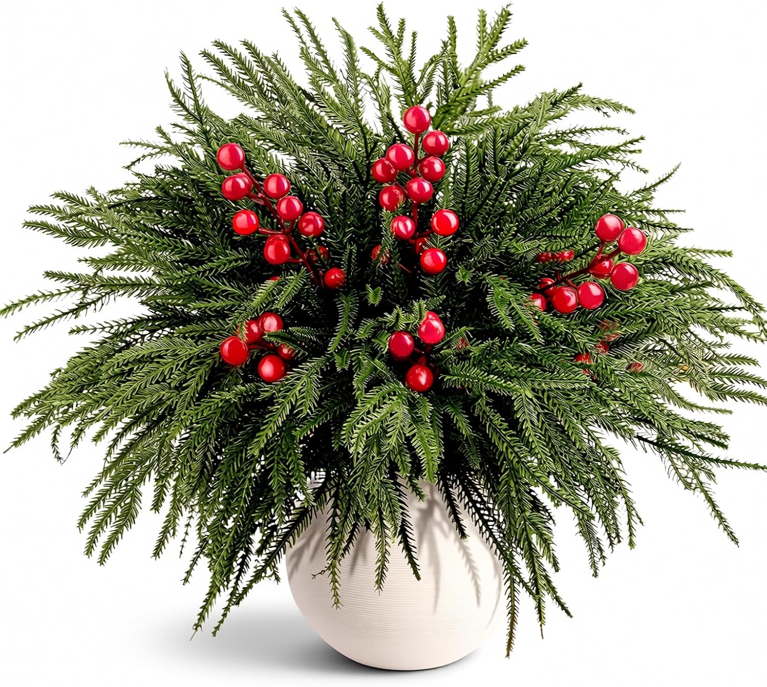 24Pcs Real Touch Christmas Norfolk Pine Stems, 18'' Artificial Christmas Greenery Stems Norfolk Pine Branches Red Berry, Faux Pines Picks for Vase DIY Garland Wreath Indoor Outdoor Home Xmas Decor Green and Red 24 Pack