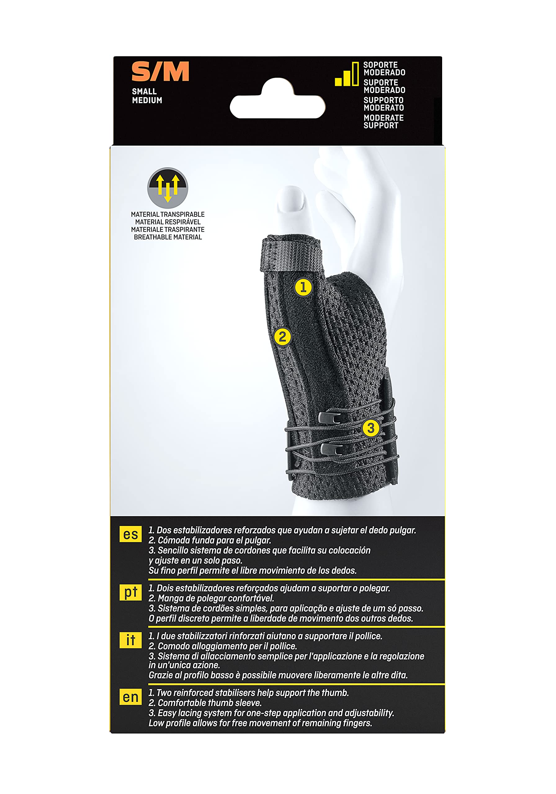 FUTURO Tutore Stabilizzatore per Pollice Destro/Sinistro, S/M, Pollice: 5.0, 6.3 cm, Polso: 12.6, 17.7 cm, Dispositivo Medico Marcato CE, Nero