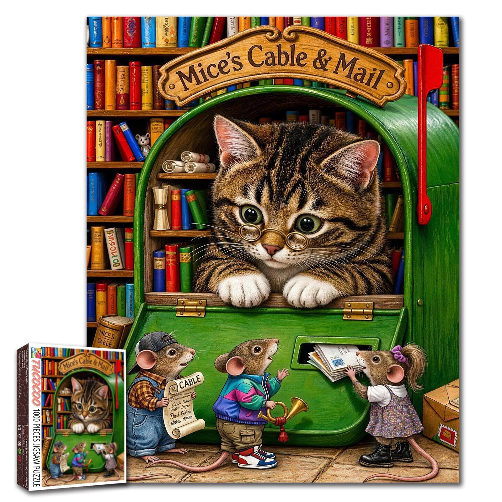 Funny Cat Jigsaw Puzzles 1000 Pieces for Adults, Families(Cat and Mouse Scene playful) Pieces Fit Together Perfectly 19.7''x27.6''inch Frameable Cozy library Puzzle Art