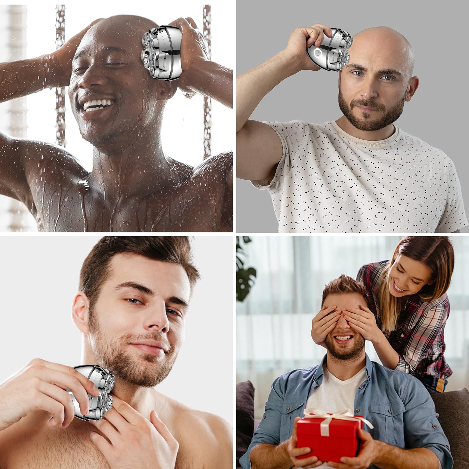 Rasoir Rotatif Homme avec Têtes 5D & Batterie USB-C | Rasoir crânien magnétique, IPX7 étanche, utilisation sèche & humide – idéal pour raser tête et tailler barbe à la maison