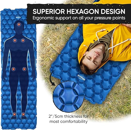 Vista 23 de Powerlix - Colchoneta inflable ultraligera y compacta con bolsa de inflado, bolsa de transporte y kit de reparación, ideal para acampar, mochilero