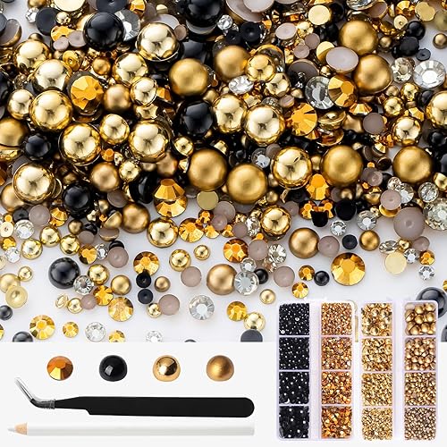 Juego de 3929 diamantes de imitación de perlas de oro negro para manualidades, tamaño mixto de 0.116 a 0.315 pulgadas, color AB, medias perlas,