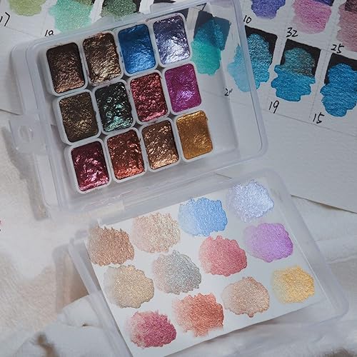 Juego de pintura de acuarela de 12 colores, pintura metálica con purpurina para colorear al agua, acuarela nacarada, pigmento sólido para