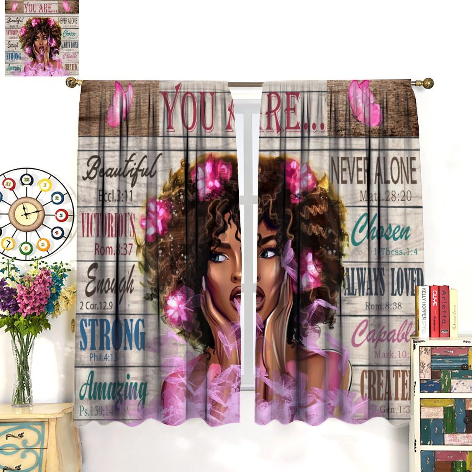 Black Girl Blackout Curtains Words of Inspiration Rustic African American Bedroom Living Room Kitchen Drapes Curtains for Girls Woman Butterfly Kids Girly Queen Sparkly Pink Wood Plank 42x45 Inch