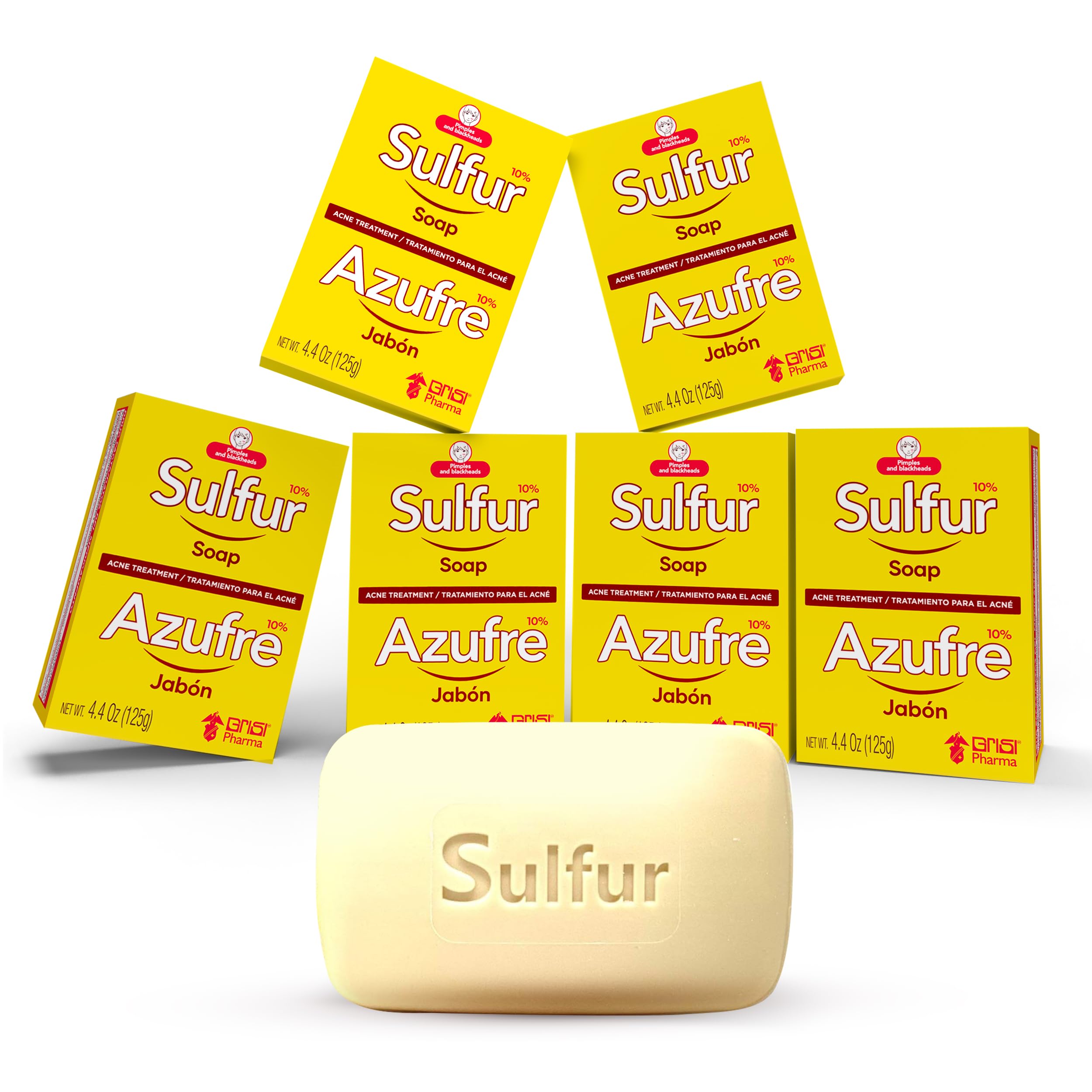 Grisi Sulfur Soap for Acne Treatment, Deep Cleansing Bar with 10% Azufre, Reduces Breakouts and Excess Oil, 4.4 oz, 6-Pack
