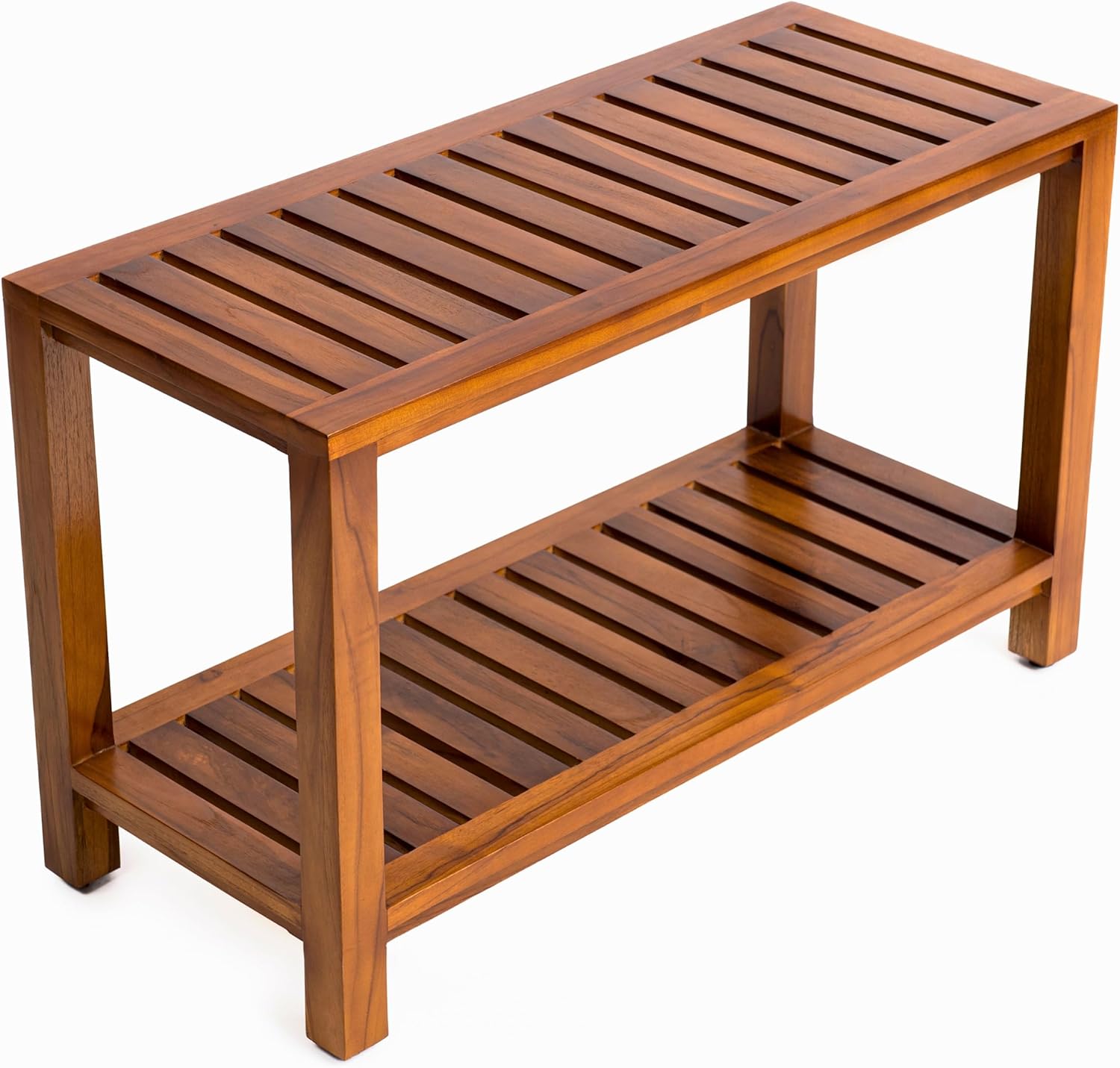 Teak Shower Bench - With Shelf, 30 Inch, Wooden Seat Stool For Excellent For Bedroom, Bathroom, Spa, Garden, Living Room, Kitchen, Fully Assembled, The Maya 30