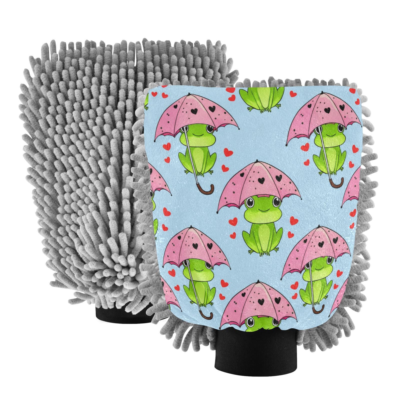 STAYTOP Cute Cartoon Frog Car Wash Mitt Microfiber, 2Pcs Scratch Free Lint-Free, Premium Chenille Microfiber Mitt Car Wash Brush-M
