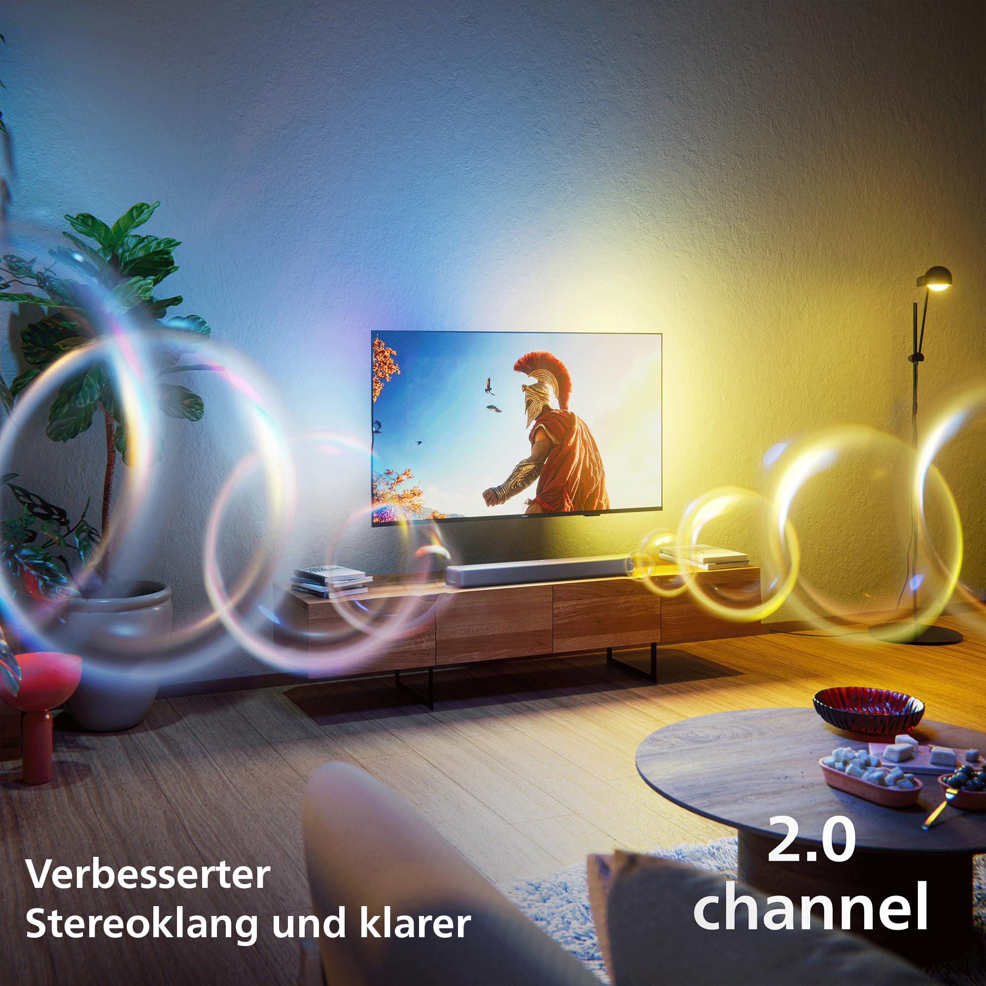 PHILIPS TAB5201 2.0-Soundbar; 160 W max. Ausgangsleistung, Dolby Digital Plus, DTS Virtual:X, Intellisound KI Audio, Bluetooth LE 5.4, HDMI ARC, optische & USB-Eingänge; Gunmetal