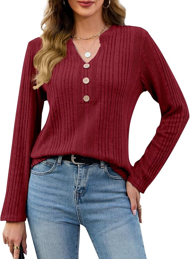 VUTRU Long Sleeve Top for Women Henley Shirts Tunic Sweater Knit Fall Casual V Neck Pullover Loose Fit Dressy with Leggings