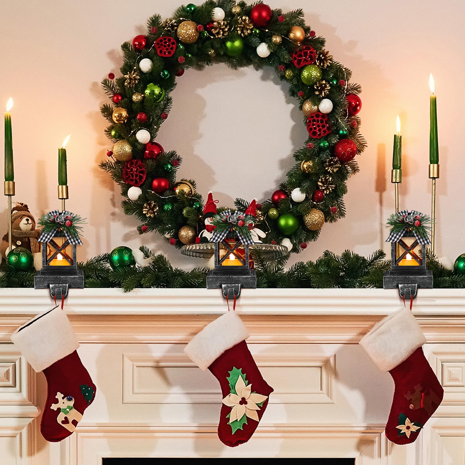 Therwen 2 soportes para calcetines de Navidad, farol, ganchos de Navidad para mantel, ganchos de Navidad, soportes decorativos retro para decoración del hogar, interiores y exteriores (clásico, negro)