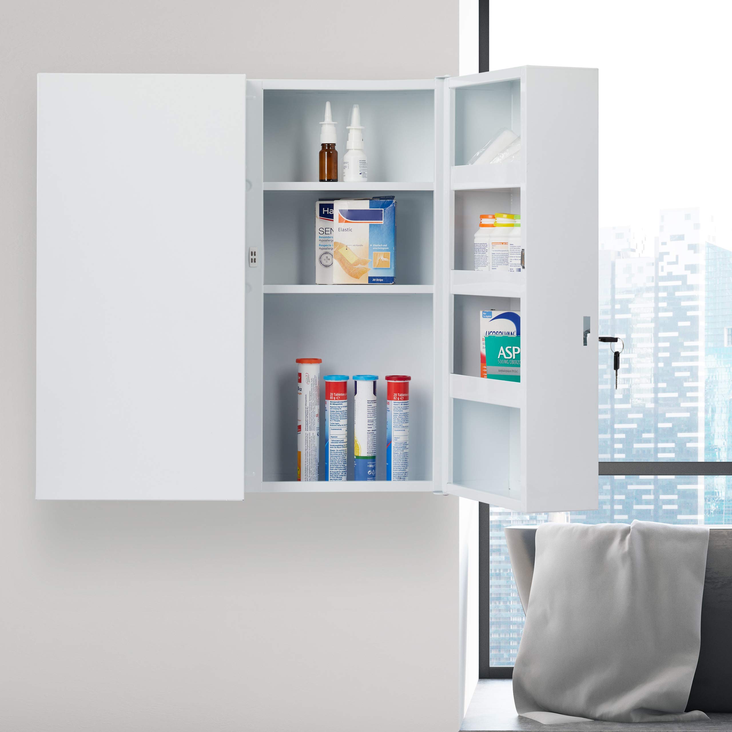Relaxdays Armoire à Pharmacie XXL, Buffet médicaments à Deux Portes, en Acier, 11 casiers, verrouillable,53x52,5cm.Blanc