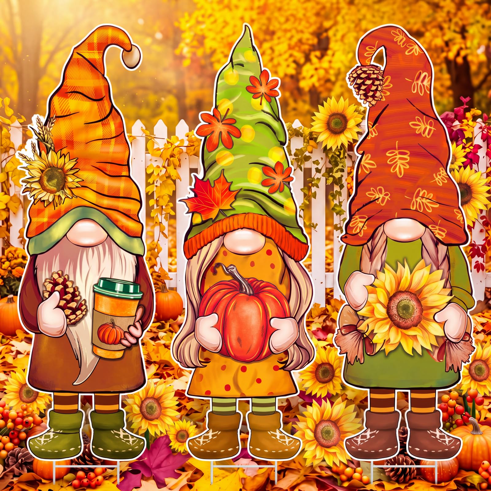 Umigy 3 Pcs Fall Gnome Yard Sign with Stakes 32 x 10 Inch Autumn Yard Decor