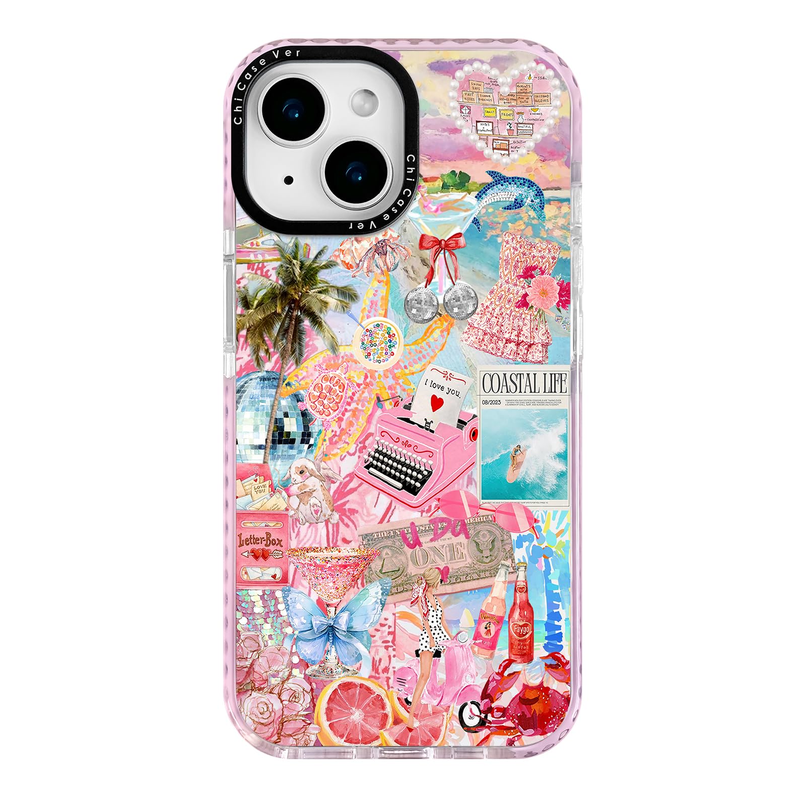 ChiCaseVer for iPhone 15 Plus Case, Coastal Summer Life Design with Tropical Collage, Military-Grade Drop Protection, Trendy Soft Slim TPU Protective Cover with Camera Control for Women Girls