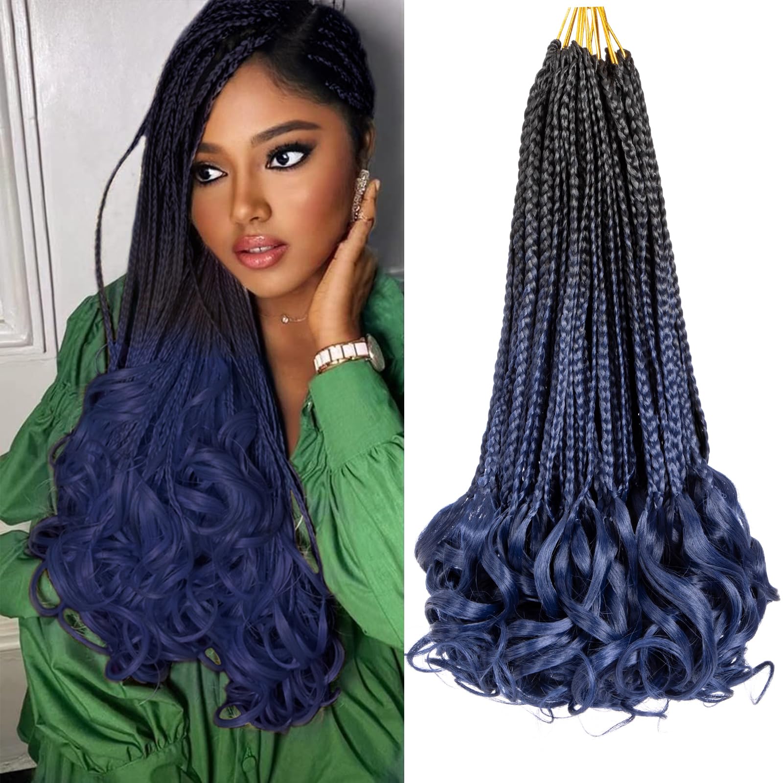 RuiYok 9 Packs French Curl Crochet Braids 14 Inch Box Braids Crochet Hair Pre Looped Dark Blue Goddess Crochet Box Braids with Curly Ends Bouncy