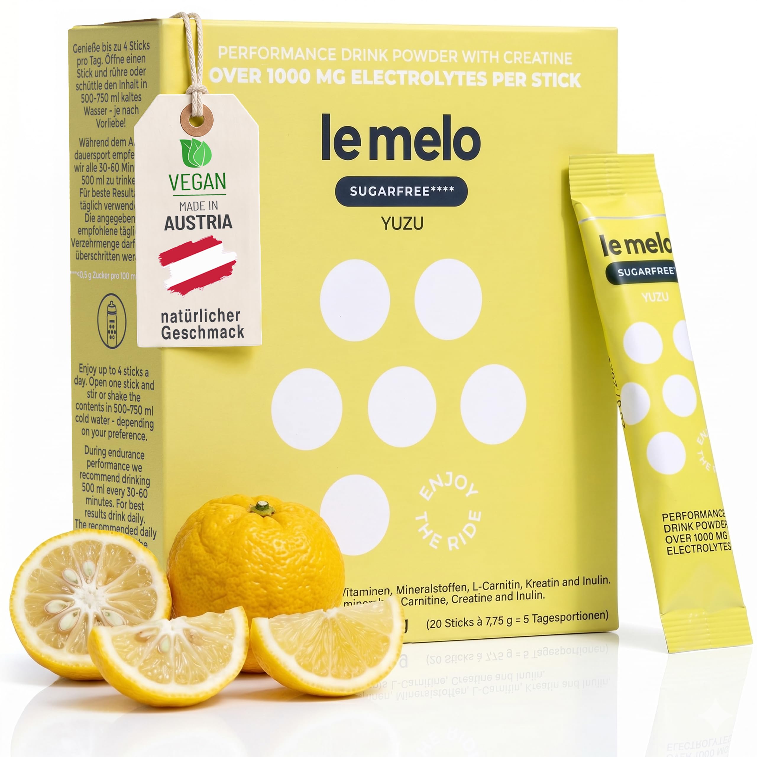 le melo® Elektrolytgetränk | 1.000+ mg Elektrolyte, Vitamine & Mineralstoffe | Optimiert Wasseraufnahme | Für Sport & Alltag & Erholung | Mit Kreatin | SUGARFREE YUZU 20er Pack