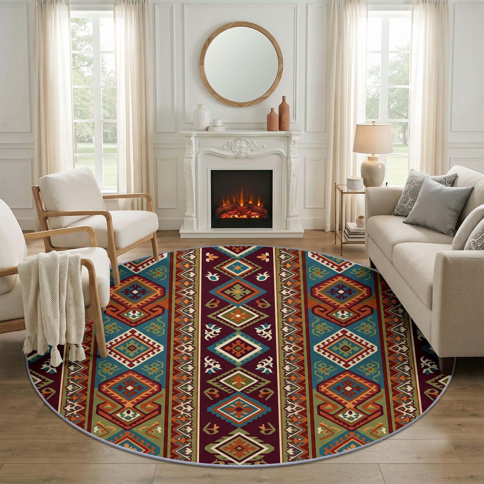 Bohème Ethnique Tapis Salon 160 cm Losange Géométrique Totem Bleu Rond Lavable en Machine | Chambre Rugs, Descente de Lit Carpets, AntidéRapant, Chambre Carpet, Doux Poil Ras