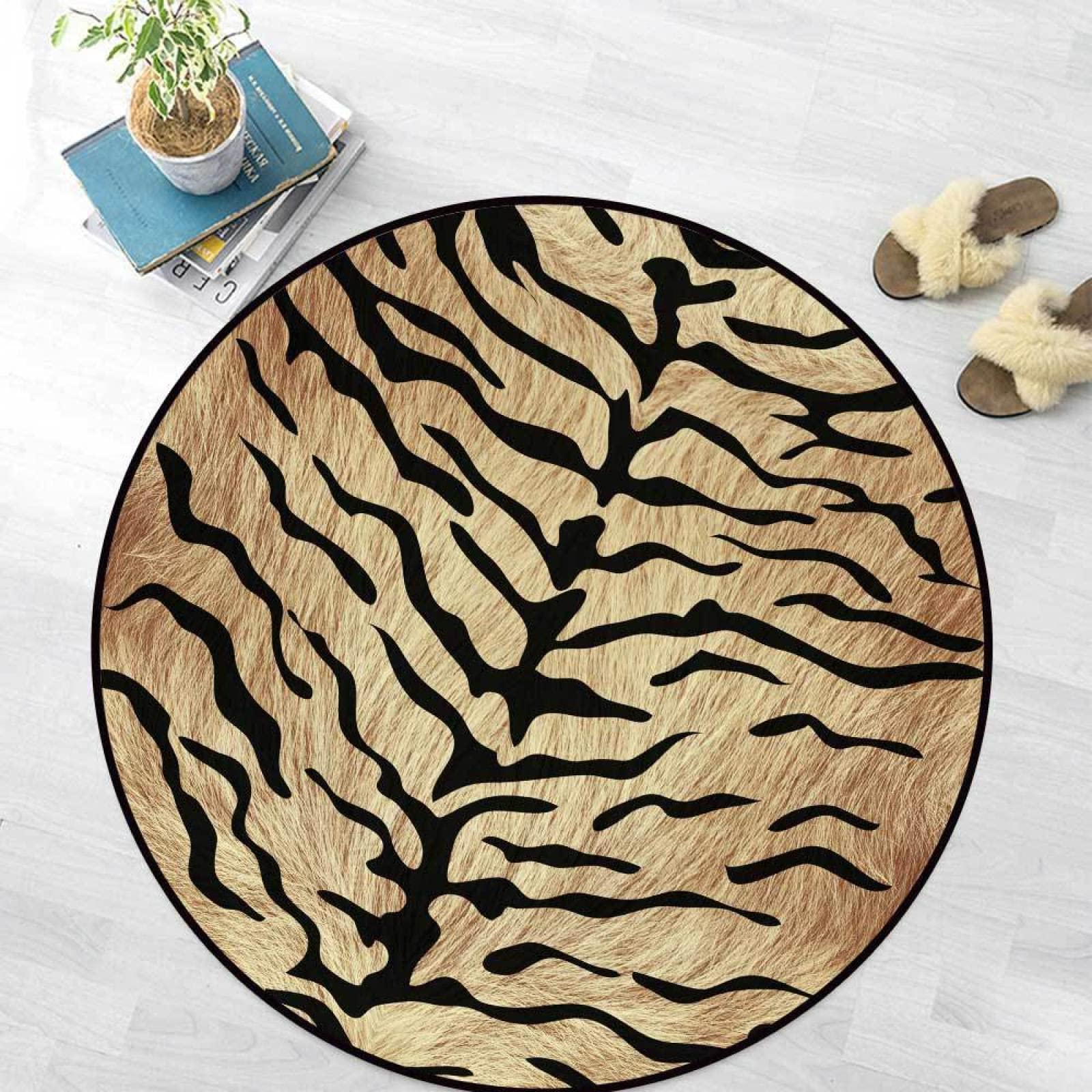 Large Round Area Rugs Machine Washable Chic Carpet Bedroom Living Room Rug, Imitation Tiger Skin Pattern Brown Yellow Black,ø 80 cm