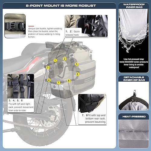 Miniatura 3 de Rhinowalk Alforja para motocicleta, impermeable, para motor, de liberación rápida, 20 litros, se adapta a la mayoría de los bastidores de